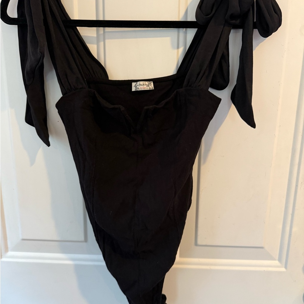 Free People Elegant Black Tie-Strap Bodysuit
